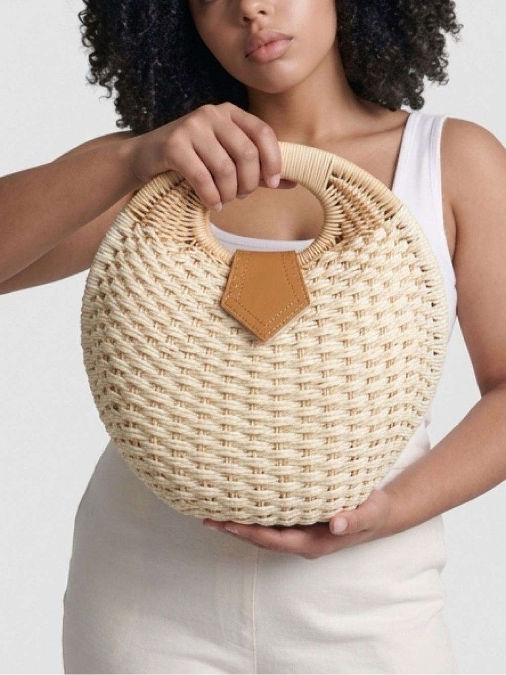 Woven Round Straw Tote Bag with Tan Accent